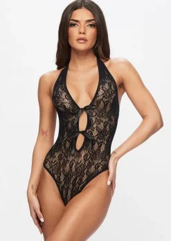 Extravaganza Floral Halterneck Crotchless Lingerie Body - Black