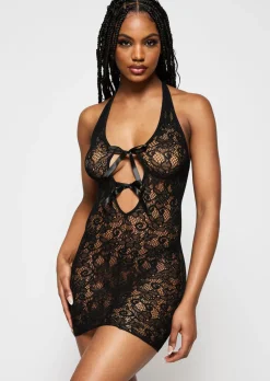 Extravaganza Floral Halterneck Erotic Mini Dress - Black