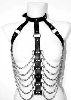 Faux Leather Open Cup Harness with Chains