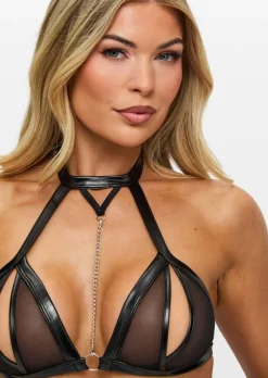 Fierce Obsession PU Crotchless Lingerie 2 Piece Set - Black