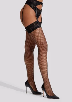 Fishnet Lace Stocking & Suspender Set - Black