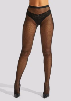Fishnet Lace Up Detail Crotchless Tights - Black
