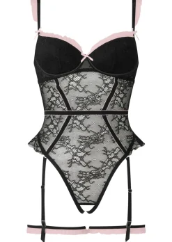 Frill Seeker Lace Padded Crotchless Lingerie Body - Black/Pink