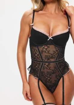 Frill Seeker Lace Padded Crotchless Lingerie Body - Black/Pink