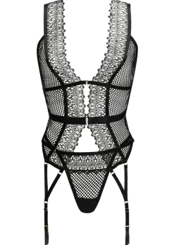 Hailey Crotchless Cami Suspender Lingerie 2 Piece Set - Black