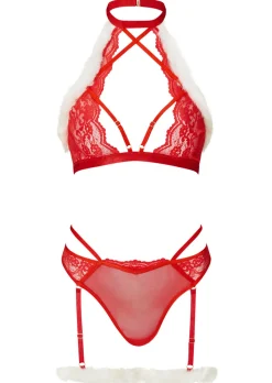 Holly Christmas Lace Crotchless Lingerie 2 Piece Set - Red