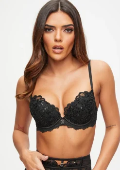 Icon Sequin Padded Plunge Bra - Black