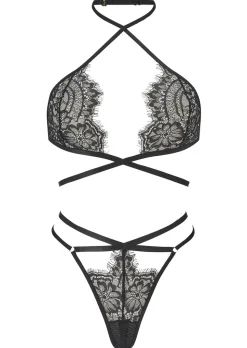 Infinite Crotchless Lace Lingerie 2 Piece Set - Black
