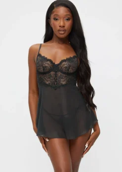 Iris Lace Underwired Babydoll Lingerie 2 Piece Set - Black