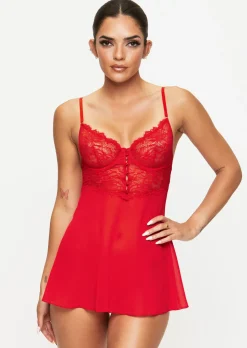 Iris Lace Underwired Babydoll Lingerie 2 Piece Set - Red