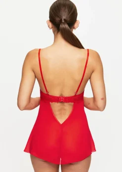 Iris Lace Underwired Babydoll Lingerie 2 Piece Set - Red