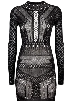 Jewelled Janelle Mini Fishnet Dress - Black
