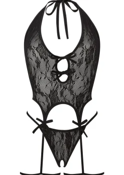 Kourtney Lace Crotchless Cami Suspender 2 Piece Set - Black