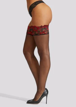 Lace Top Contrast Hold Ups - Black/Red