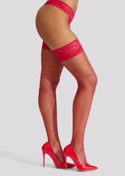 Lace Top Fishnet Hold Ups - Red