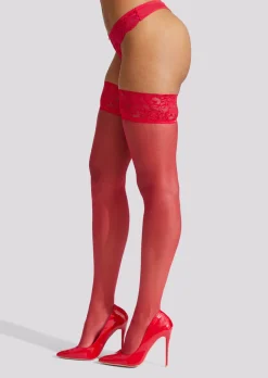 Lace Top Glossy Hold Ups - Red