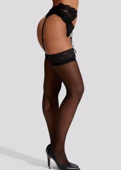 Lace Top Glossy Stockings - Black