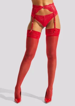 Lace Top Glossy Stockings - Red