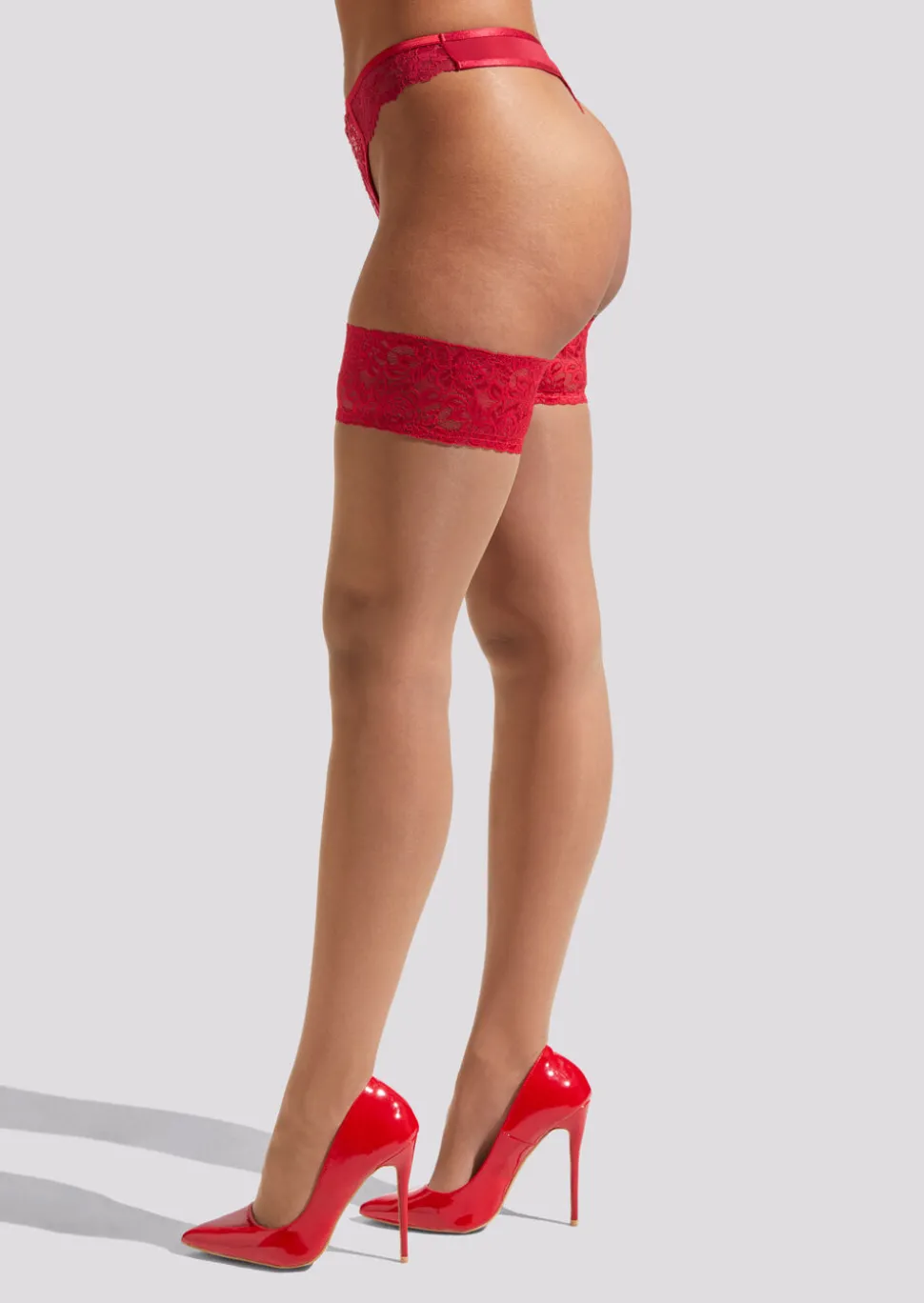 Lace Top Hold Ups - Bright Red
