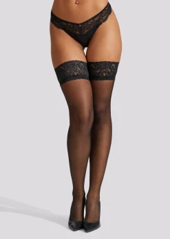Lace Top Seamed Glossy Hold Ups - Black/Red