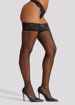 Lace Top Spot Hold Ups - Black