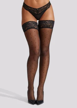 Lace Top Spot Hold Ups - Black