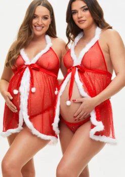 Let It Snow Christmas Babydoll Lingerie 2 Piece Set - Red