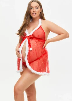 Let It Snow Christmas Babydoll Lingerie 2 Piece Set - Red