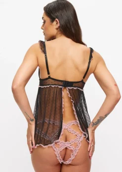 Locked On Love Crotchless Babydoll Lingerie 2 Piece Set - Black/Pink