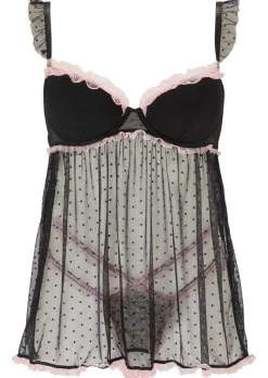 Locked On Love Crotchless Babydoll Lingerie 2 Piece Set - Black/Pink