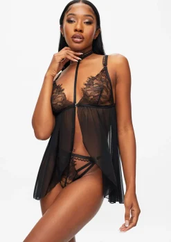 Loveable Touch Lace Crotchless Babydoll Lingerie 2 Piece Set - Black