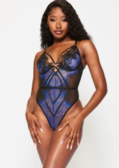 Lovers Secret Lace Crotchless Lingerie Body - Black/Blue