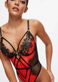 Lovers Secret Lace Crotchless Lingerie Body - Black/Red