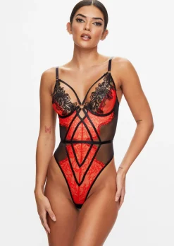 Lovers Secret Lace Crotchless Lingerie Body - Black/Red