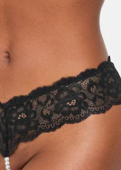 Lucky Night Lace Pearl Crotchless String - Black