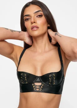Lustful Lure PU Lace Up Balcony Bra - Black