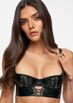 Lustful Lure PU Lace Up Balcony Bra - Black