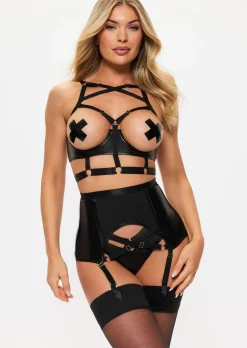 Minx PU Harness Peephole Bra - Black