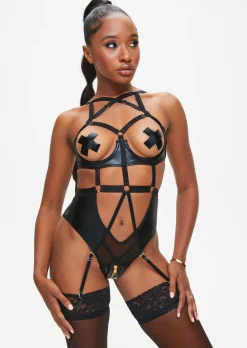 Minx PU Open Cup Crotchless Lingerie Body - Black