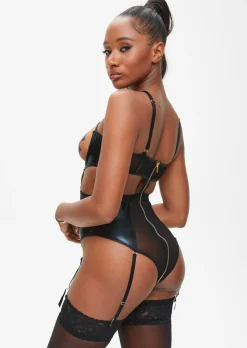Minx PU Open Cup Crotchless Lingerie Body - Black
