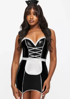 Mistress Maid 2-Piece PU Sexy Fancy Dress Costume with Headband - Black