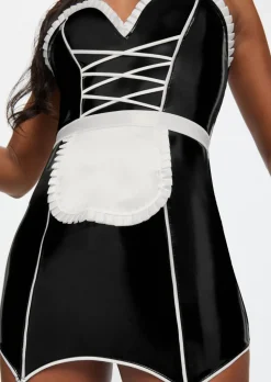 Mistress Maid 2-Piece PU Sexy Fancy Dress Costume with Headband - Black