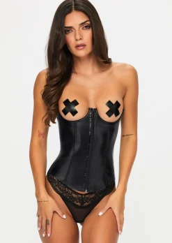 Obsidian Lust Open Cup Zip Through PU Corset - Black