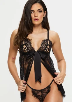 Place In My Heart Lace Crotchless Babydoll 2 Piece Set - Black