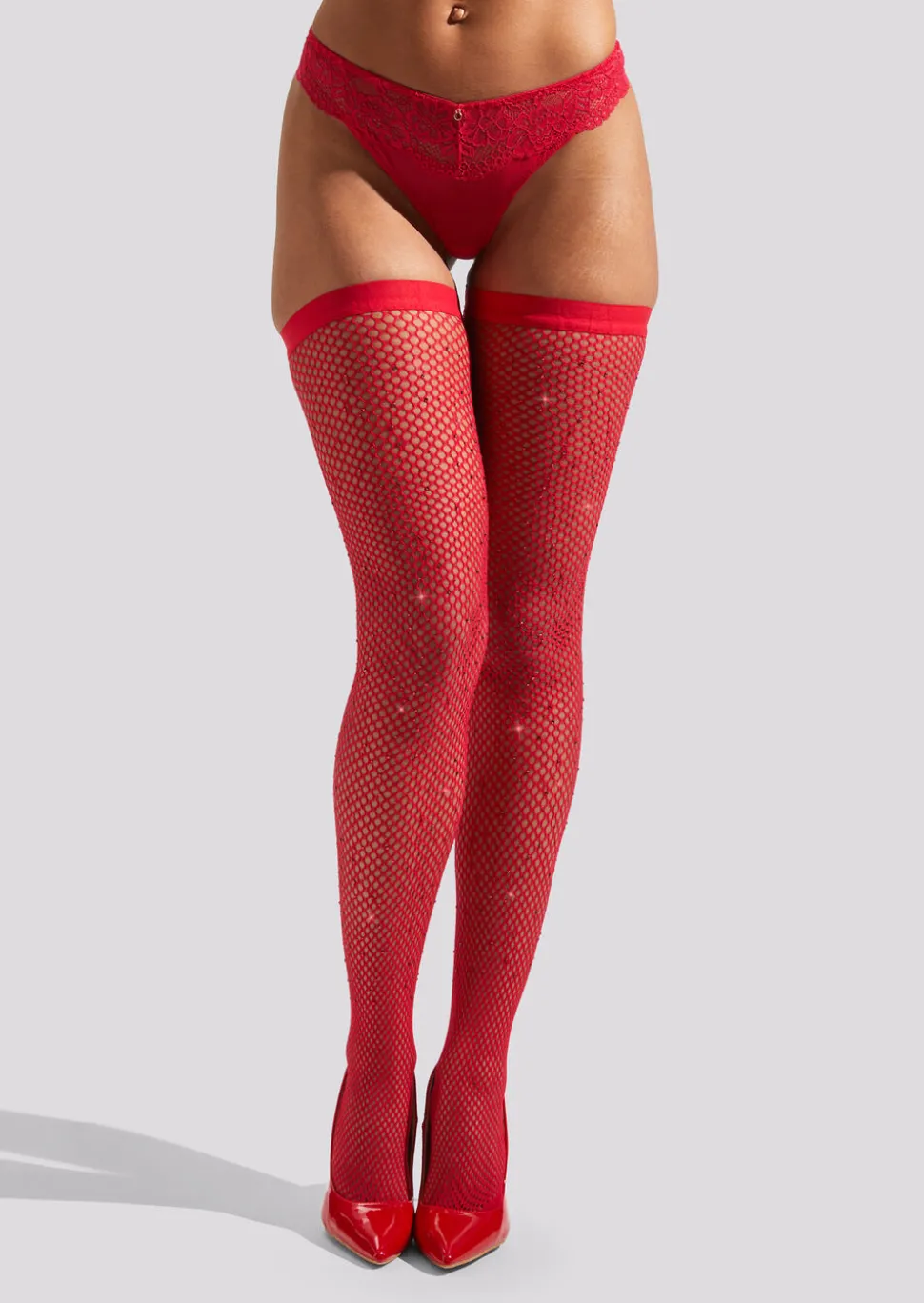 Plain Top Diamante Fishnet Hold Ups - Red