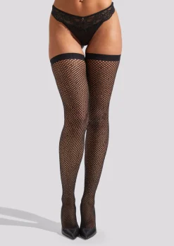 Plain Top Fishnet Diamante Hold Ups - Black