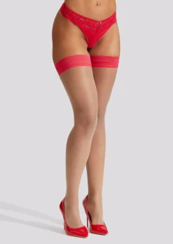 Plain Top Seamed Glossy Hold Ups - Red