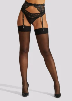 Plain Top Seamed Glossy Stockings - Black