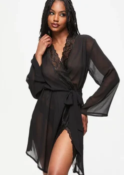 Promising Lace Trim Robe - Black