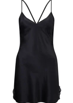 Rosalie Satin Lace Trim Chemise Lingerie - Black